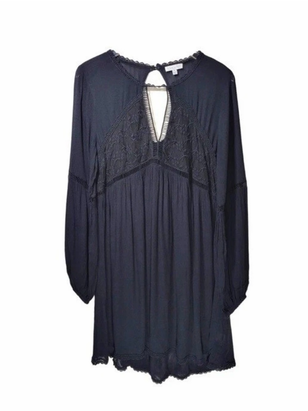 Patrons of Peace Size XS Boho Gauze Like Embroidered Keyhole Mini Dress in Black